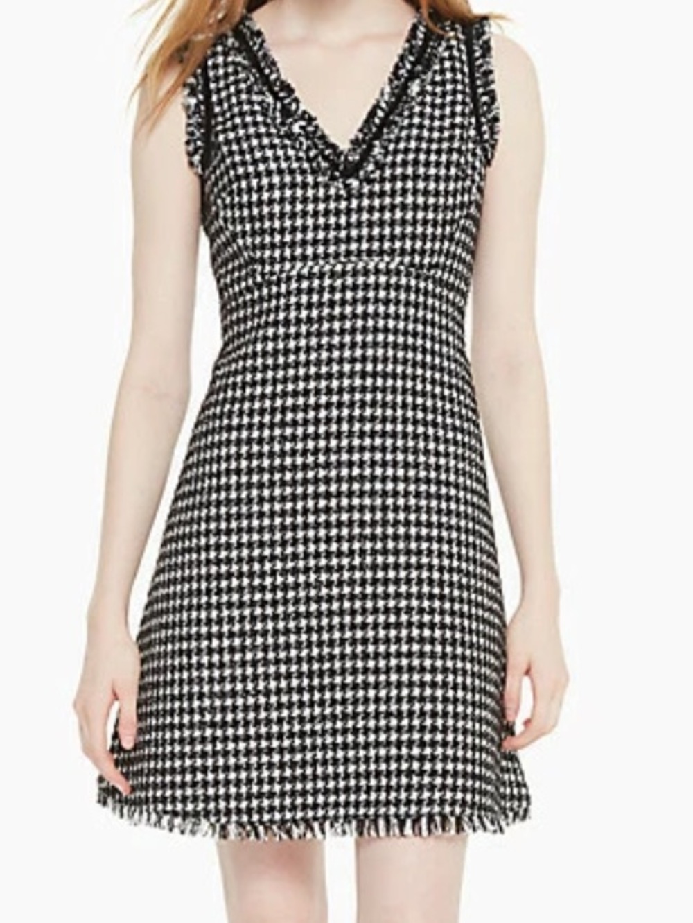 Sz 8 Kate Spade Black and White Houndstooth Tweed V-Neck Mini Dress